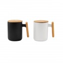 Elegante taza de cerámica terminado mate con tapa y asa de bambú