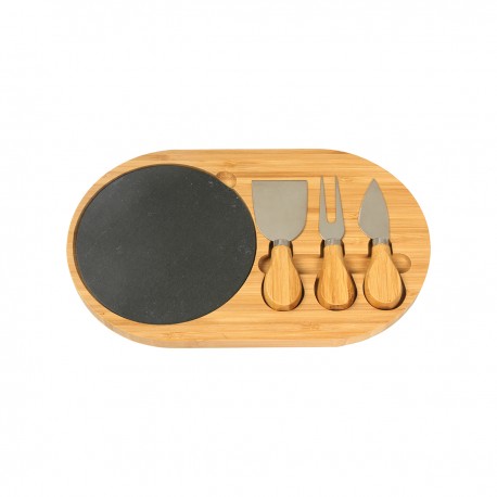 Diseño elegante set de quesos con tabla de bambú y utensilios