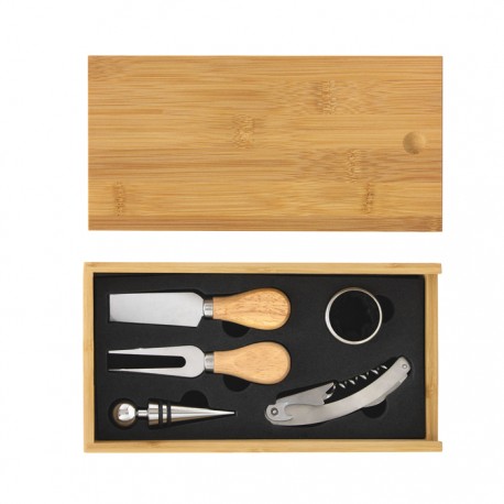 Set de accesorios para vino y cotrte de quesos elaborado de bambú